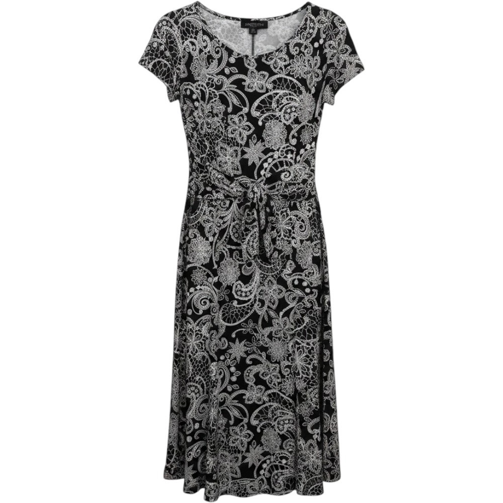 Perceptions New York Black White Floral Paisley O-Ring Belted Midi Dress Medium